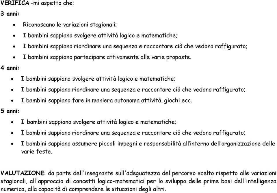 I bambini sappiano svolgere attività logico e matematiche; I bambini sappiano riordinare una sequenza e raccontare ciò che vedono raffigurato; I bambini sappiano fare in maniera autonoma attività,