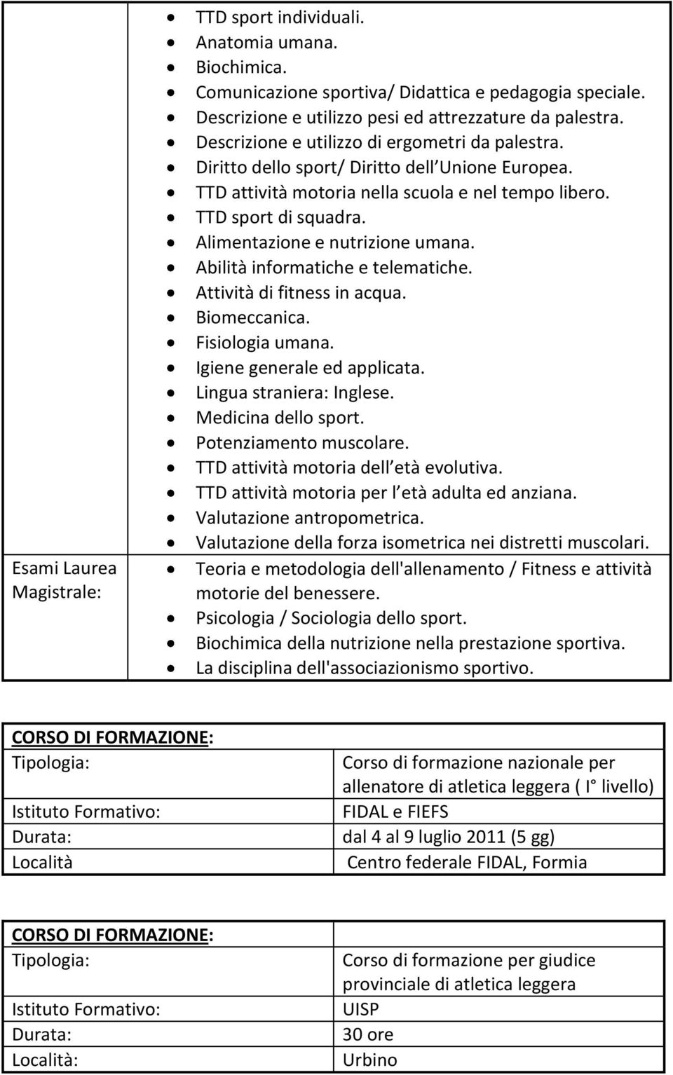 Alimentazione e nutrizione umana. Abilità informatiche e telematiche. Attività di fitness in acqua. Biomeccanica. Fisiologia umana. Igiene generale ed applicata. Lingua straniera: Inglese.