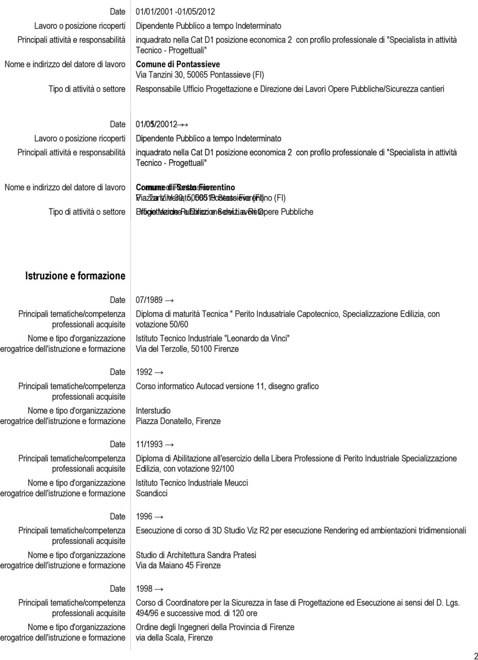 nella Cat D1 posizione economica 2 con profilo professionale di "Specialista in attività Tecnico - Progettuali" Sesto Fiorentino Piazza Via Tanzini V.