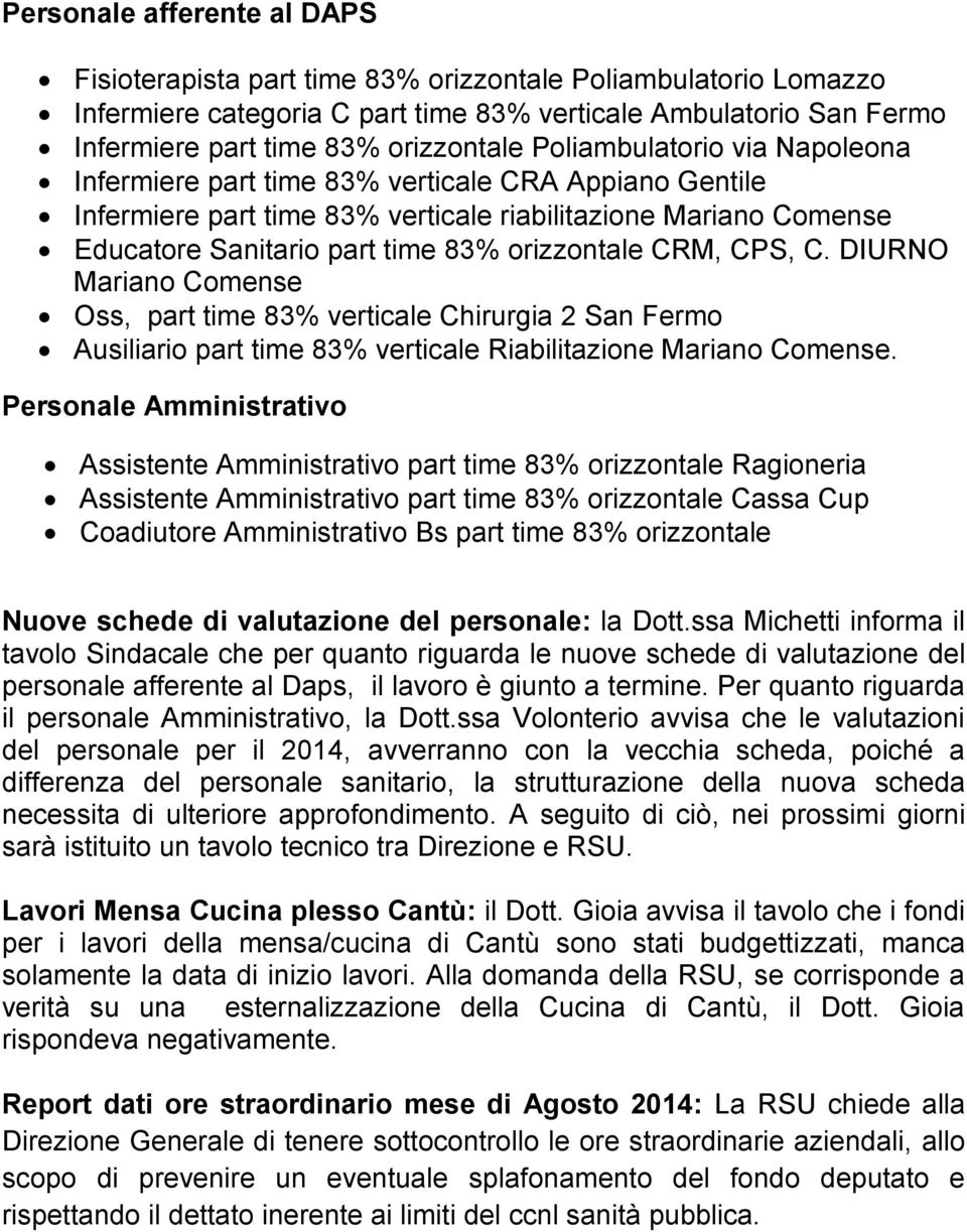 CRM, CPS, C. DIURNO Mariano Comense Oss, part time 83% verticale Chirurgia 2 San Fermo Ausiliario part time 83% verticale Riabilitazione Mariano Comense.