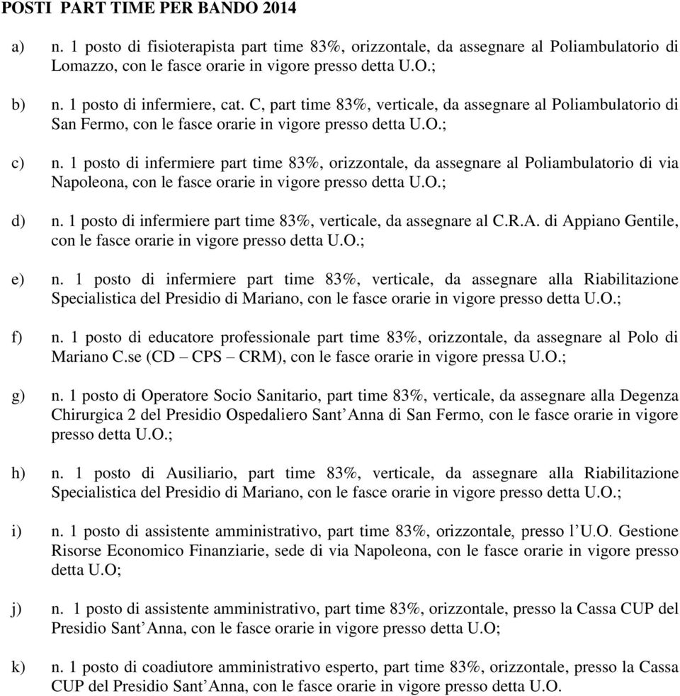 1 posto di infermiere part time 83%, orizzontale, da assegnare al Poliambulatorio di via Napoleona, con le fasce orarie in vigore presso detta U.O.; d) n.