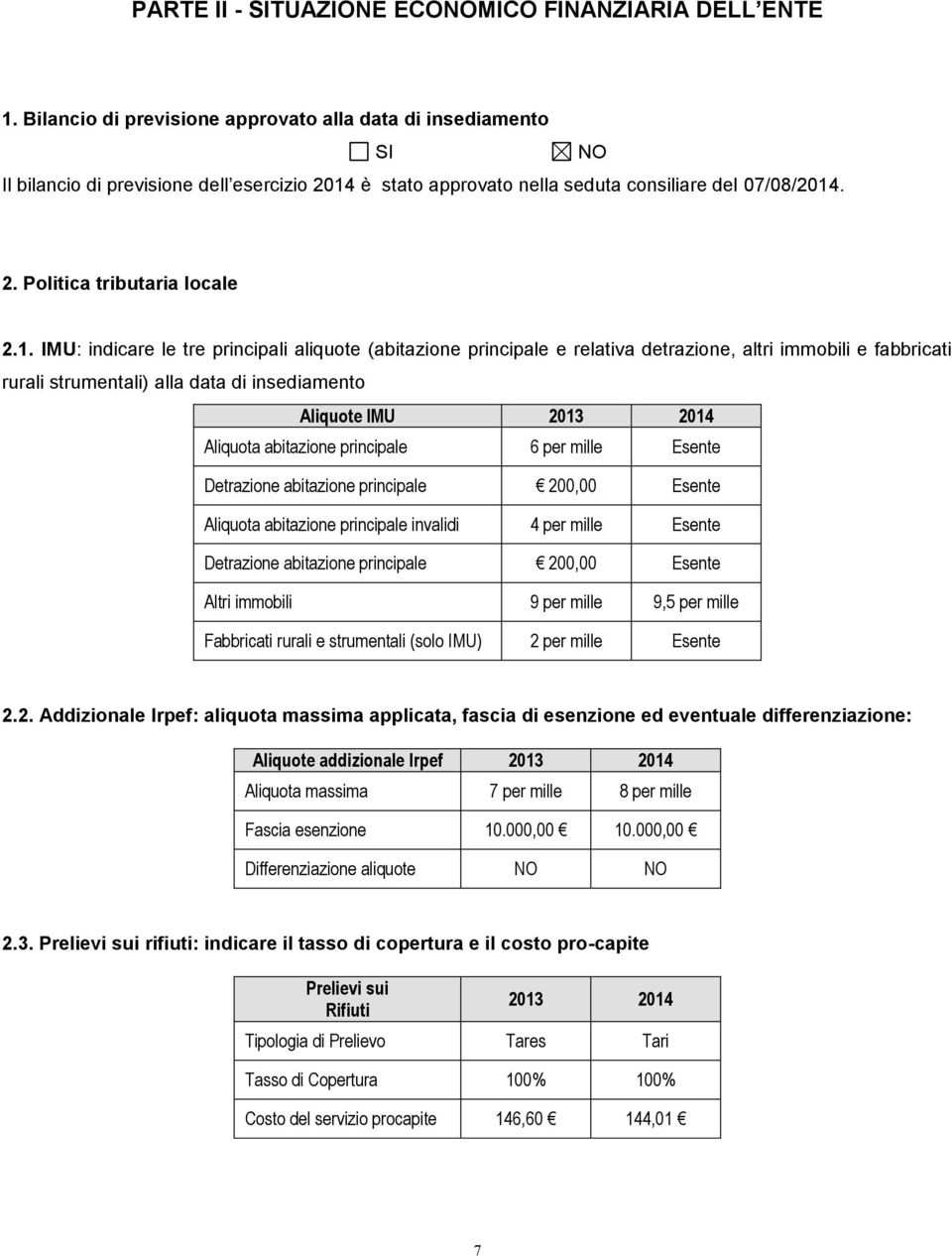 1. IMU: indicare le tre principali aliquote (abitazione principale e relativa detrazione, altri immobili e fabbricati rurali strumentali) alla data di insediamento Aliquote IMU 2013 2014 Aliquota