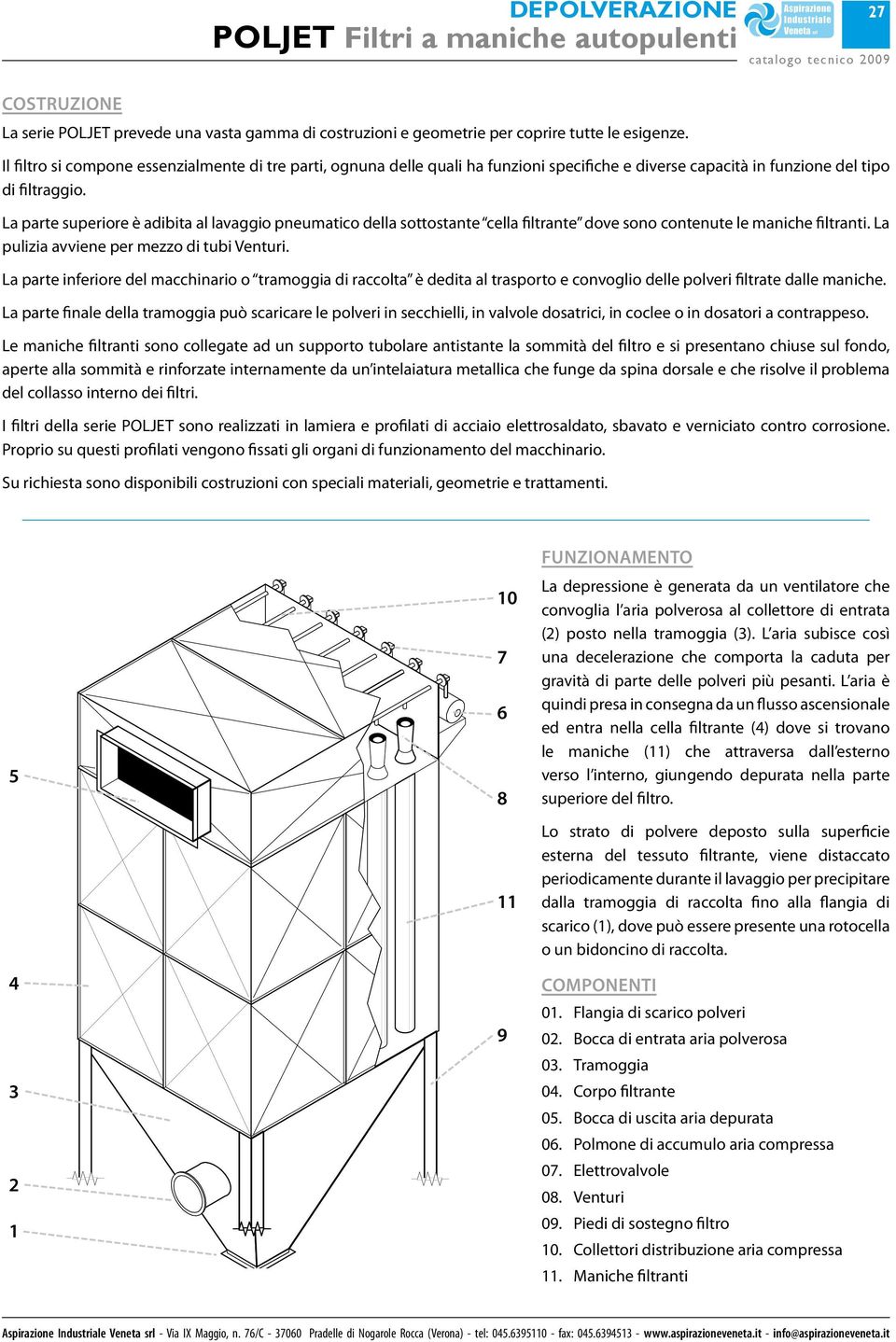 La parte superiore è adibita al lavaggio pneumatico della sottostante cella filtrante dove sono contenute le filtranti. La pulizia avviene per mezzo di tubi Venturi.