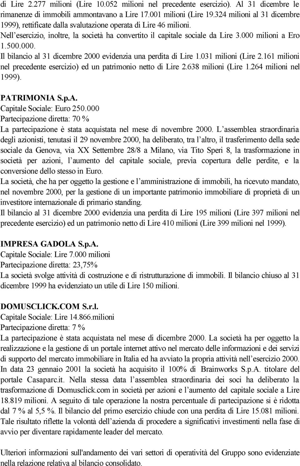 000. Il bilancio al 31 dicembre 2000 evidenzia una perdita di Lire 1.031 milioni (Lire 2.161 milioni nel precedente esercizio) ed un patrimonio netto di Lire 2.638 milioni (Lire 1.