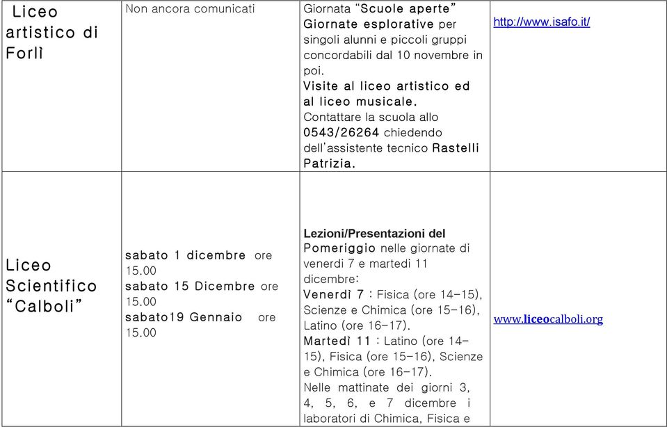 it/ Liceo Scientifico Calboli sabato 1 dicembre ore sabato 15 Dicembre ore sabato19 Gennaio ore Lezioni/Presentazioni del Pomeriggio nelle giornate di venerdi 7 e martedi 11 dicembre: Venerdì 7