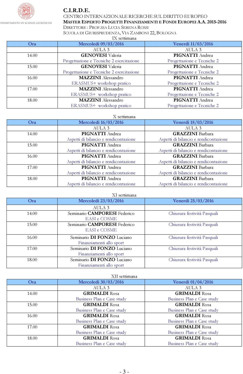 00 XI settimana Ora Mercoledì 23/03/2016 Venerdì 25/03/2016 AULA 3 14.00 Seminario CAMPORESI Federico EASI e COSME 15.00 Seminario CAMPORESI Federico EASI e COSME 16.