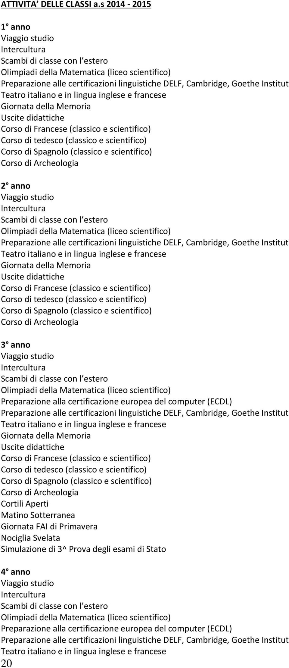 Institut Teatro italiano e in lingua inglese e francese Giornata della Memoria Uscite didattiche Corso di Francese (classico e scientifico) Corso di tedesco (classico e scientifico) Corso di Spagnolo