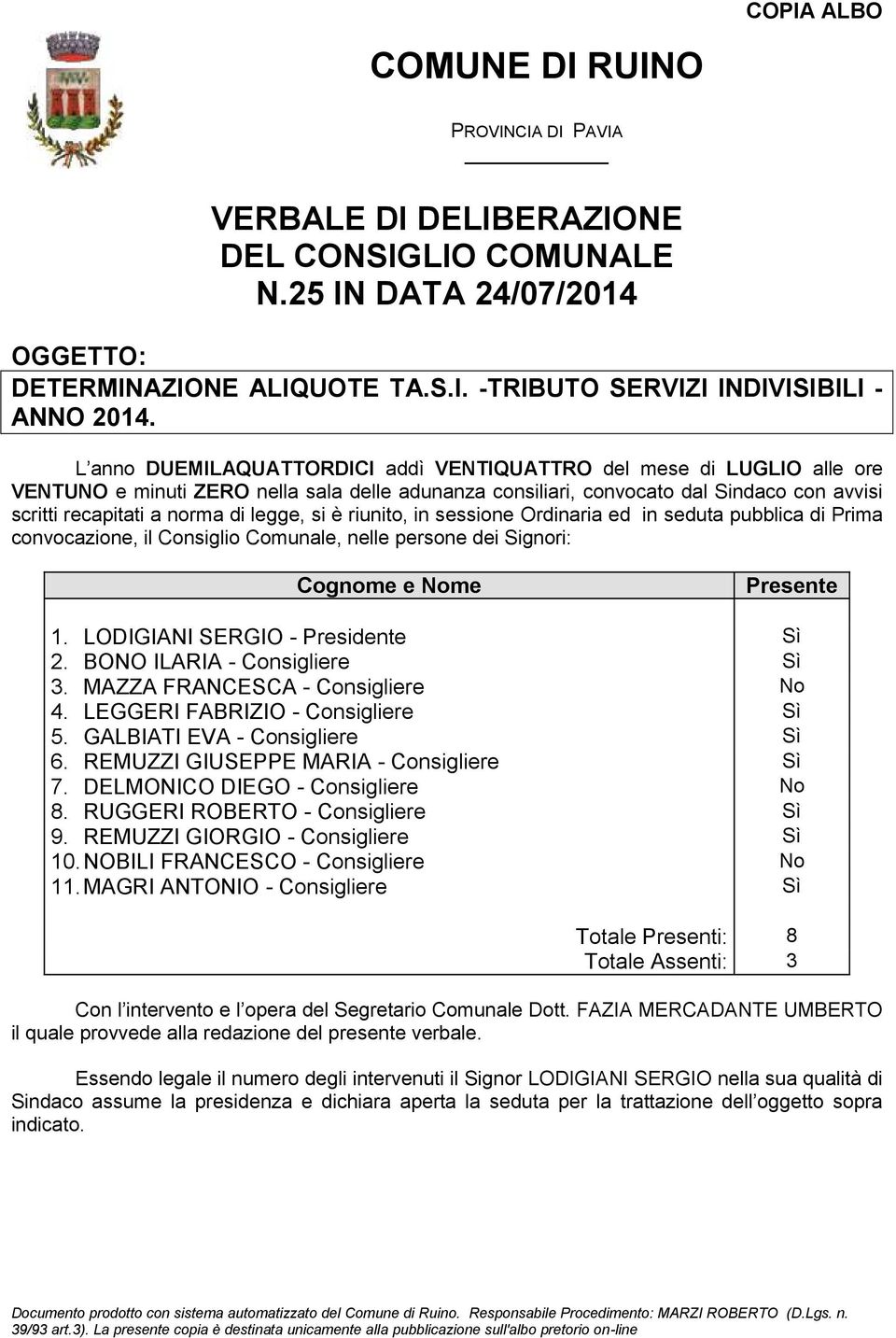 legge, si è riunito, in sessione Ordinaria ed in seduta pubblica di Prima convocazione, il Consiglio Comunale, nelle persone dei Signori: Cognome e Nome Presente 1. LODIGIANI SERGIO - Presidente Sì 2.