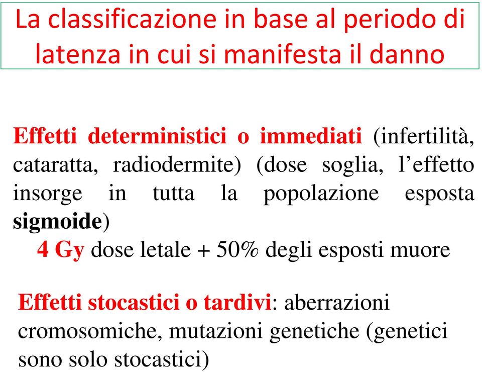 insorge in tutta la popolazione esposta sigmoide) 4 Gy dose letale + 50% degli esposti muore