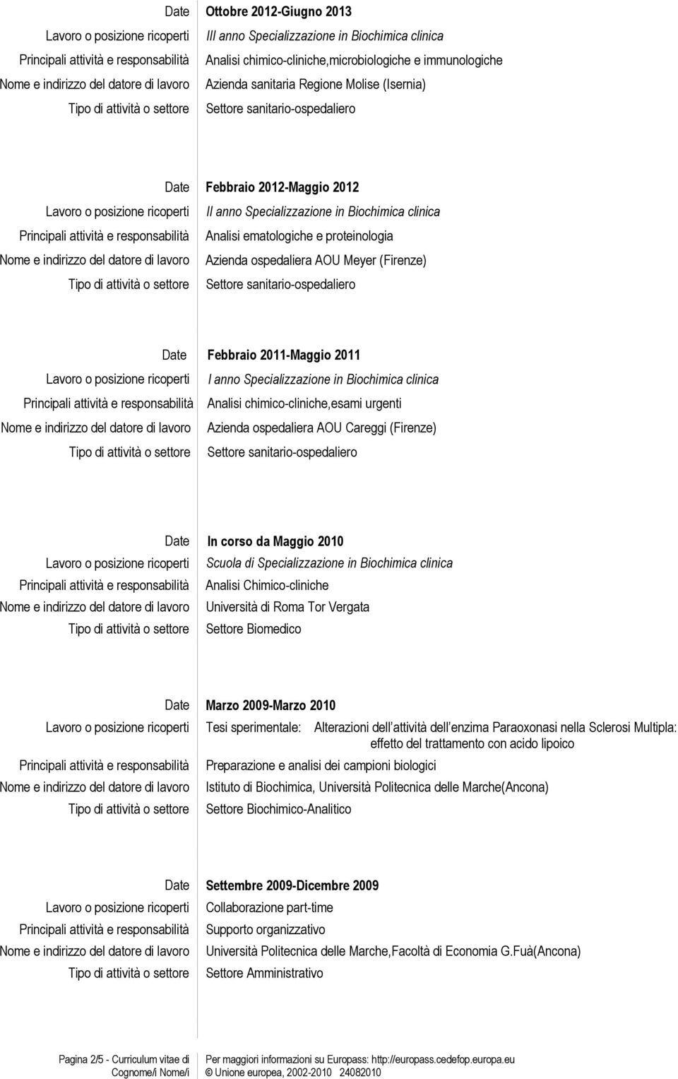 Maggio 2010 Scuola di Specializzazione in Biochimica clinica Analisi Chimico-cliniche Università di Roma Tor Vergata Settore Biomedico Marzo 2009-Marzo 2010 Tesi sperimentale: Alterazioni dell