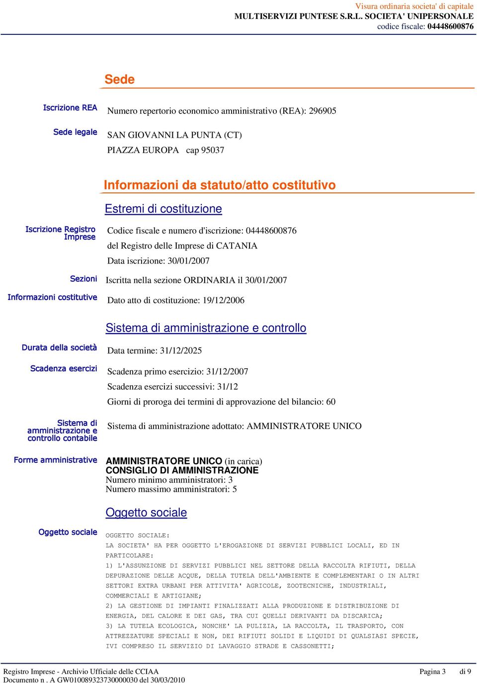 il 30/01/2007 Informazioni costitutive Dato atto di costituzione: 19/12/2006 Sistema di amministrazione e controllo Durata della società Data termine: 31/12/2025 Scadenza esercizi Scadenza primo