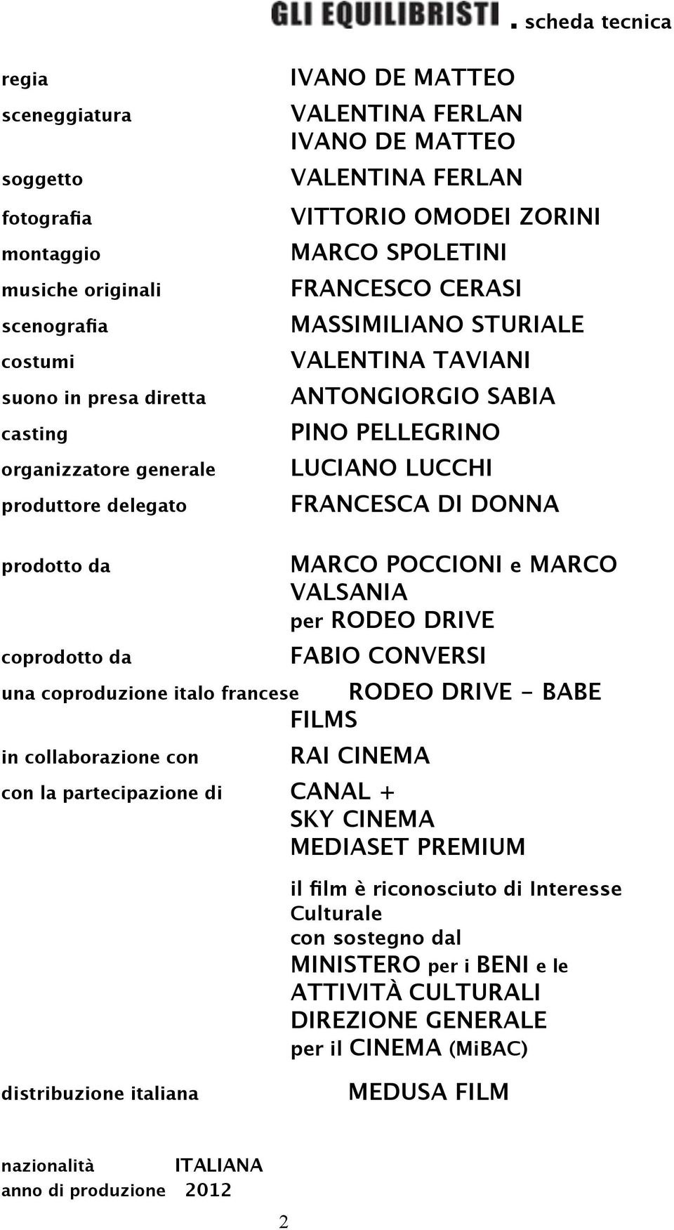 ANTONGIORGIO SABIA casting PINO PELLEGRINO organizzatore generale LUCIANO LUCCHI produttore delegato FRANCESCA DI DONNA prodotto da MARCO POCCIONI e MARCO VALSANIA per RODEO DRIVE coprodotto da FABIO