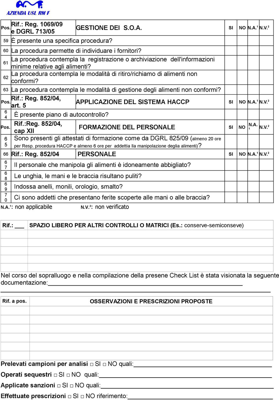 3 La procedura contempla le modalità di gestione degli alimenti non conformi? Rif.: Reg. 852/04, art. 5 APPLICAZIONE DEL SISTEMA HACCP 4 È presente piano di autocontrollo? Rif.:Reg.