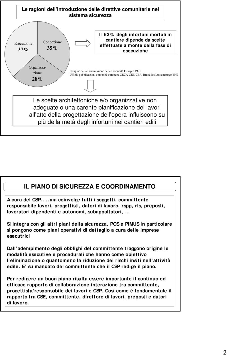 organizzative non adeguate o una carente pianificazione dei lavori all atto della progettazione dell opera influiscono su più della metà degli infortuni nei cantieri edili IL PIANO DI SICUREZZA E