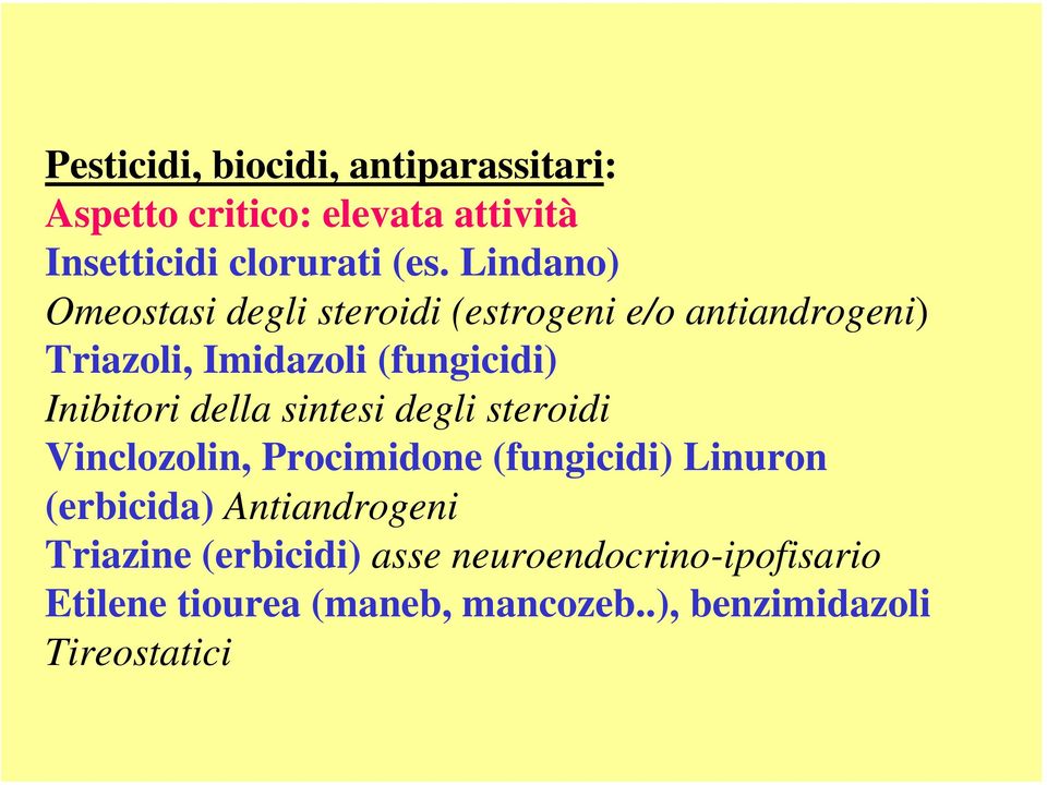 Inibitori della sintesi degli steroidi Vinclozolin, Procimidone (fungicidi) Linuron (erbicida)