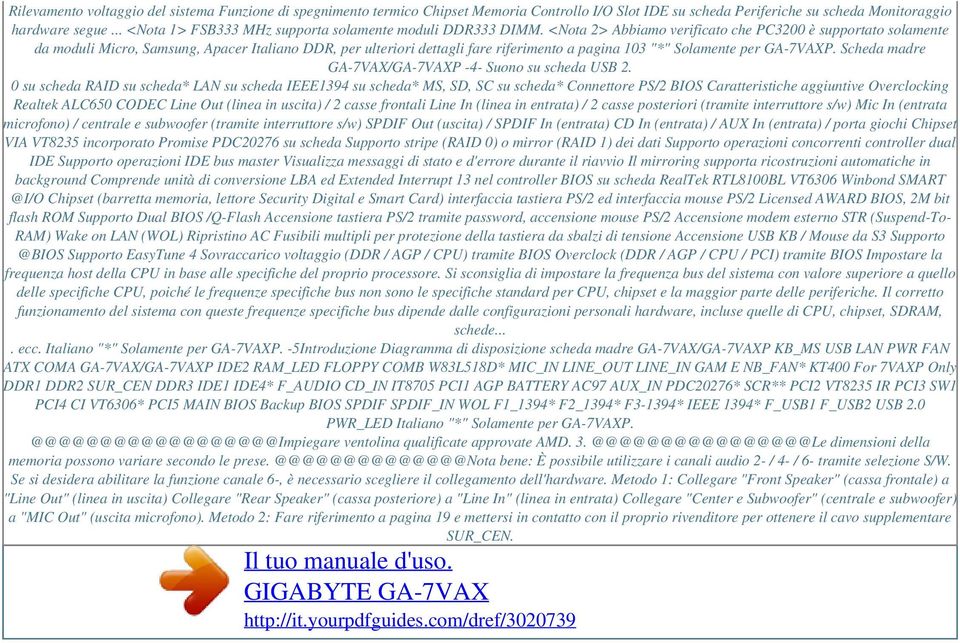 <Nota 2> Abbiamo verificato che PC3200 è supportato solamente da moduli Micro, Samsung, Apacer Italiano DDR, per ulteriori dettagli fare riferimento a pagina 103 "*" Solamente per GA-7VAXP.