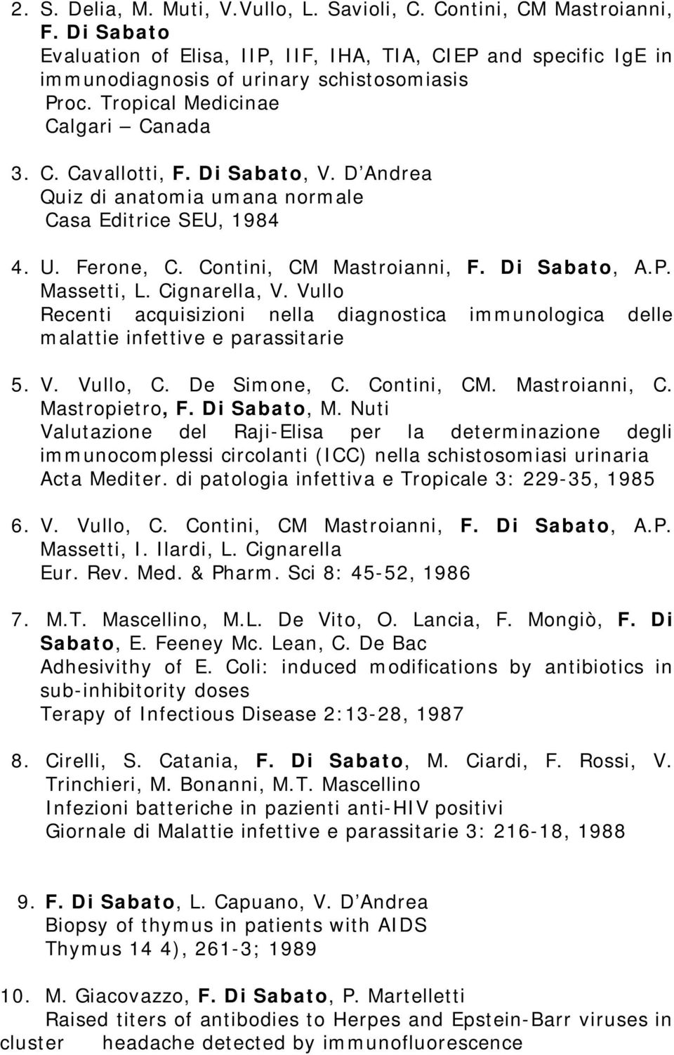 Massetti, L. Cignarella, V. Vullo Recenti acquisizioni nella diagnostica immunologica delle malattie infettive e parassitarie 5. V. Vullo, C. De Simone, C. Contini, CM. Mastroianni, C.