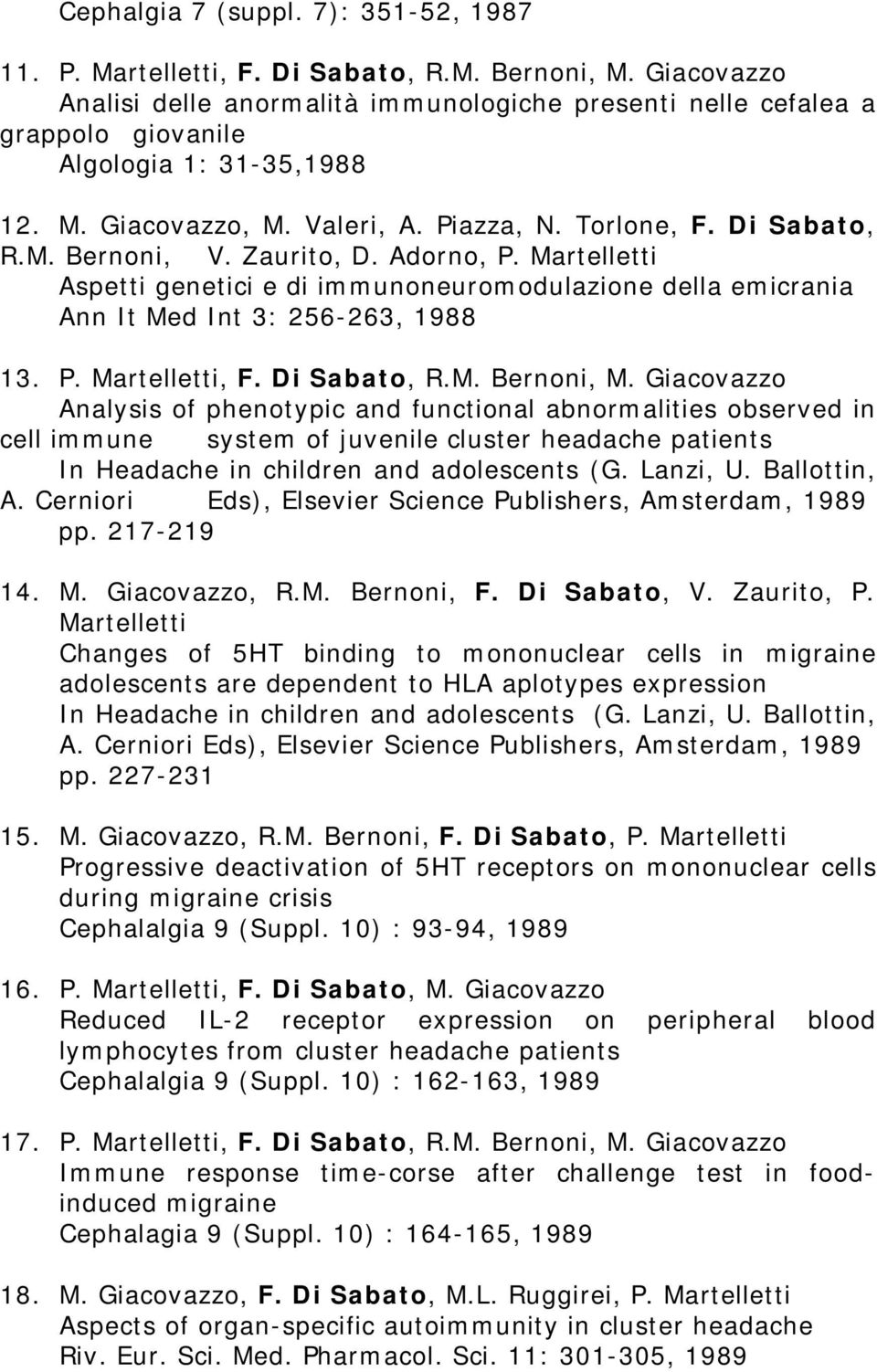 Zaurito, D. Adorno, P. Martelletti Aspetti genetici e di immunoneuromodulazione della emicrania Ann It Med Int 3: 256-263, 1988 13. P. Martelletti, F. Di Sabato, R.M. Bernoni, M.