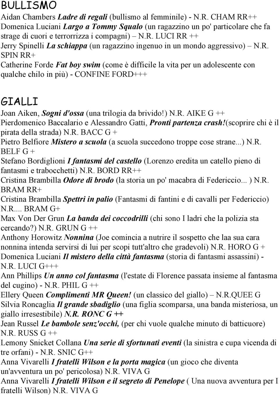 R. SPIN RR+ Catherine Forde Fat boy swim (come è difficile la vita per un adolescente con qualche chilo in più) - CONFINE FORD+++ GIALLI Joan Aiken, Sogni d'ossa (una trilogia da brivido!) N.R. AIKE G ++ Pierdomenico Baccalario e Alessandro Gatti, Pronti partenza crash!