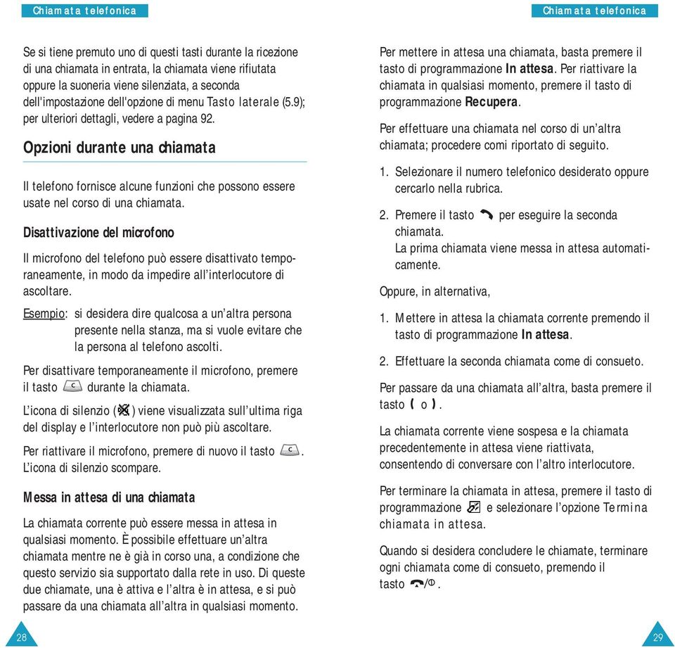 28 Opzioni durante una chiamata Il telefono fornisce alcune funzioni che possono essere usate nel corso di una chiamata.