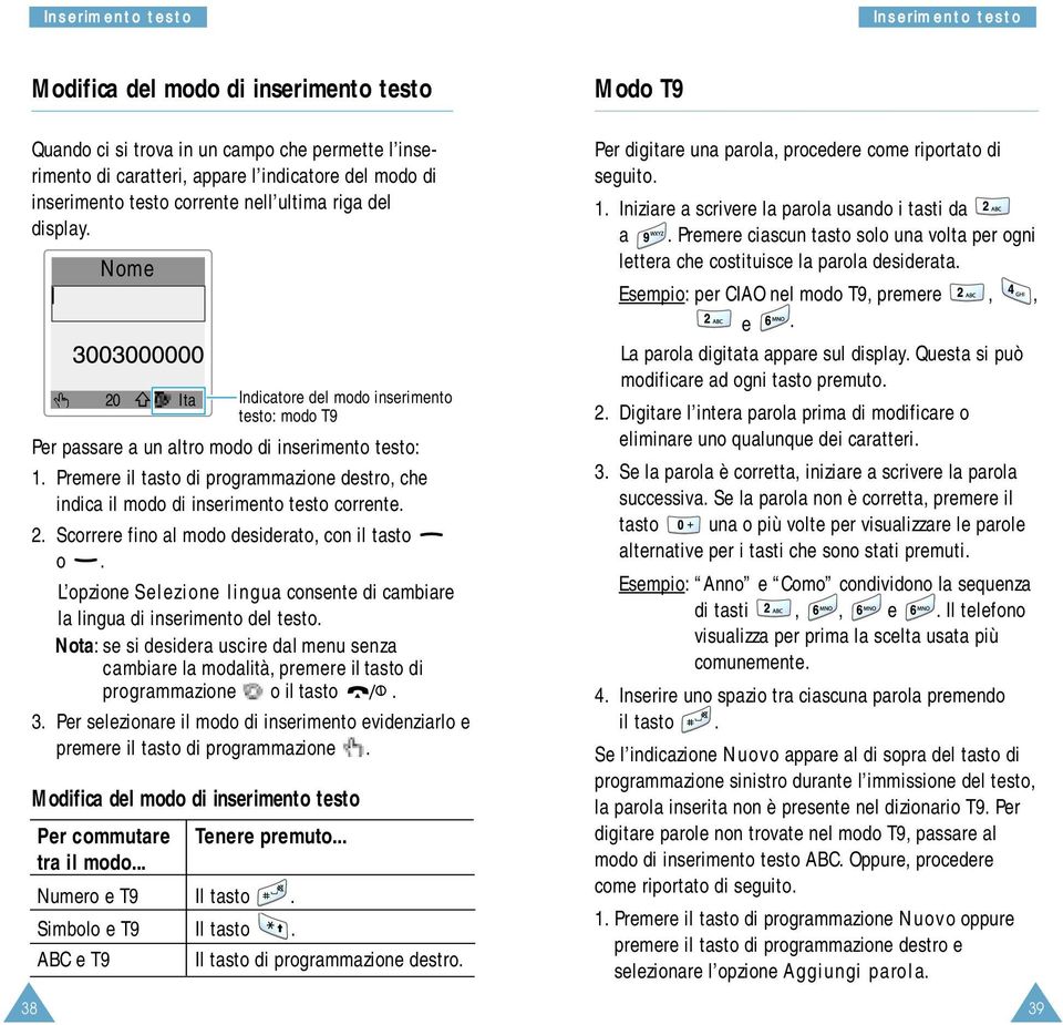 L opzione Selezione lingua consente di cambiare la lingua di inserimento del testo. Nota: se si desidera uscire dal menu senza cambiare la modalità, premere il tasto di programmazione o il tasto. 3.