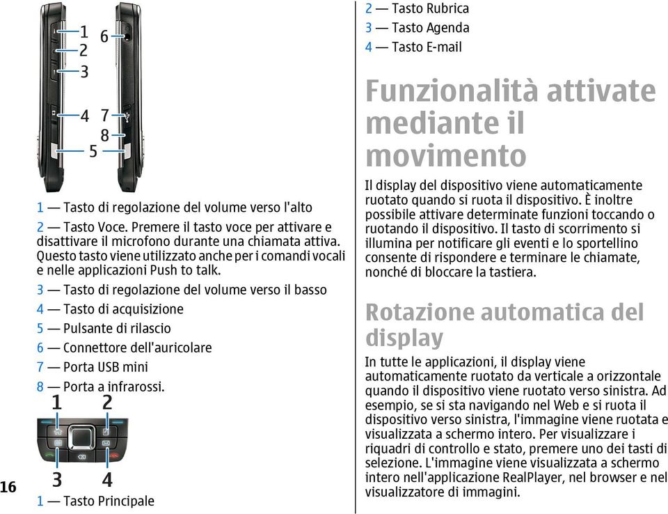 3 Tasto di regolazione del volume verso il basso 4 Tasto di acquisizione 5 Pulsante di rilascio 6 Connettore dell'auricolare 7 Porta USB mini 8 Porta a infrarossi.