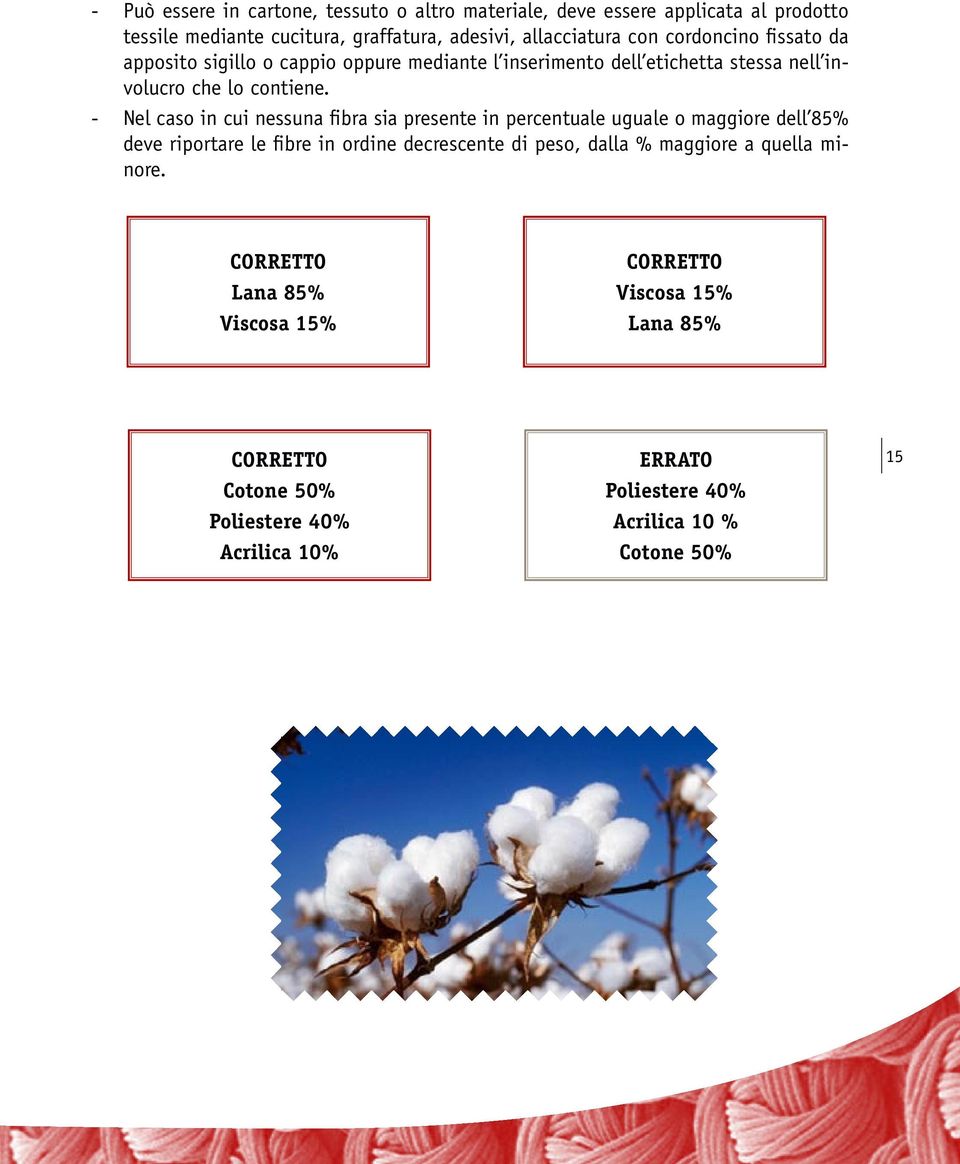 - Nel caso in cui nessuna fibra sia presente in percentuale uguale o maggiore dell 85% deve riportare le fibre in ordine decrescente di peso, dalla