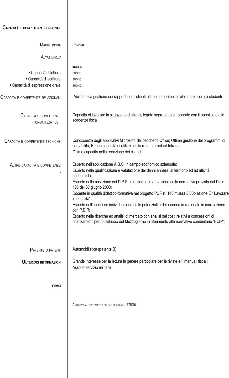 CAPACITÀ E COMPETENZE ORGANIZZATIVE Capacità di lavorare in situazione di stress, legata soprattutto al rapporto con il pubblico e alle scadenze fiscali.