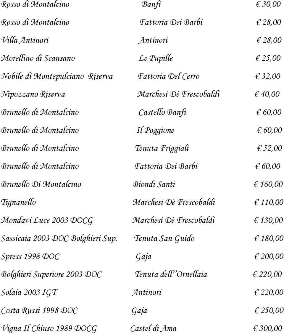 Montalcino Fattoria Dei Barbi 60,00 Brunello Di Montalcino Biondi Santi 160,00 Tignanello Marchesi Dè Frescobaldi 110,00 Mondavi Luce 2003 DOCG Marchesi Dè Frescobaldi 130,00 Sassicaia 2003 DOC