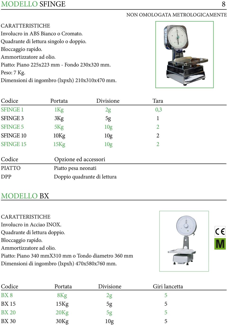 NON OMOLOGATA METROLOGICAMENTE Portata Divisione Tara SFINGE 1 1Kg 2g 0,3 SFINGE 3 3Kg 5g 1 SFINGE 5 5Kg 10g 2 SFINGE 10 10Kg 10g 2 SFINGE 15 15Kg 10g 2 PIATTO DPP Piatto pesa neonati