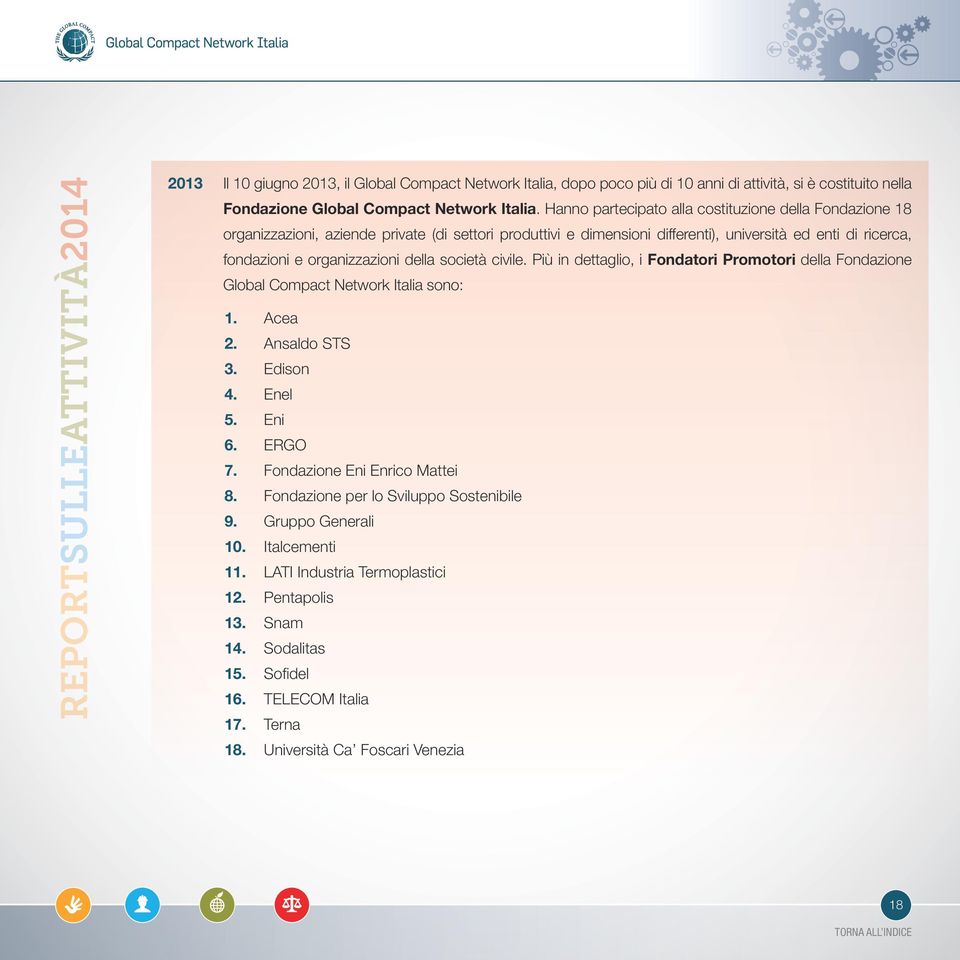 della società civile. Più in dettaglio, i Fondatori Promotori della Fondazione Global Compact Network Italia sono: 1. Acea 2. Ansaldo STS 3. Edison 4. Enel 5. Eni 6. ERGO 7.