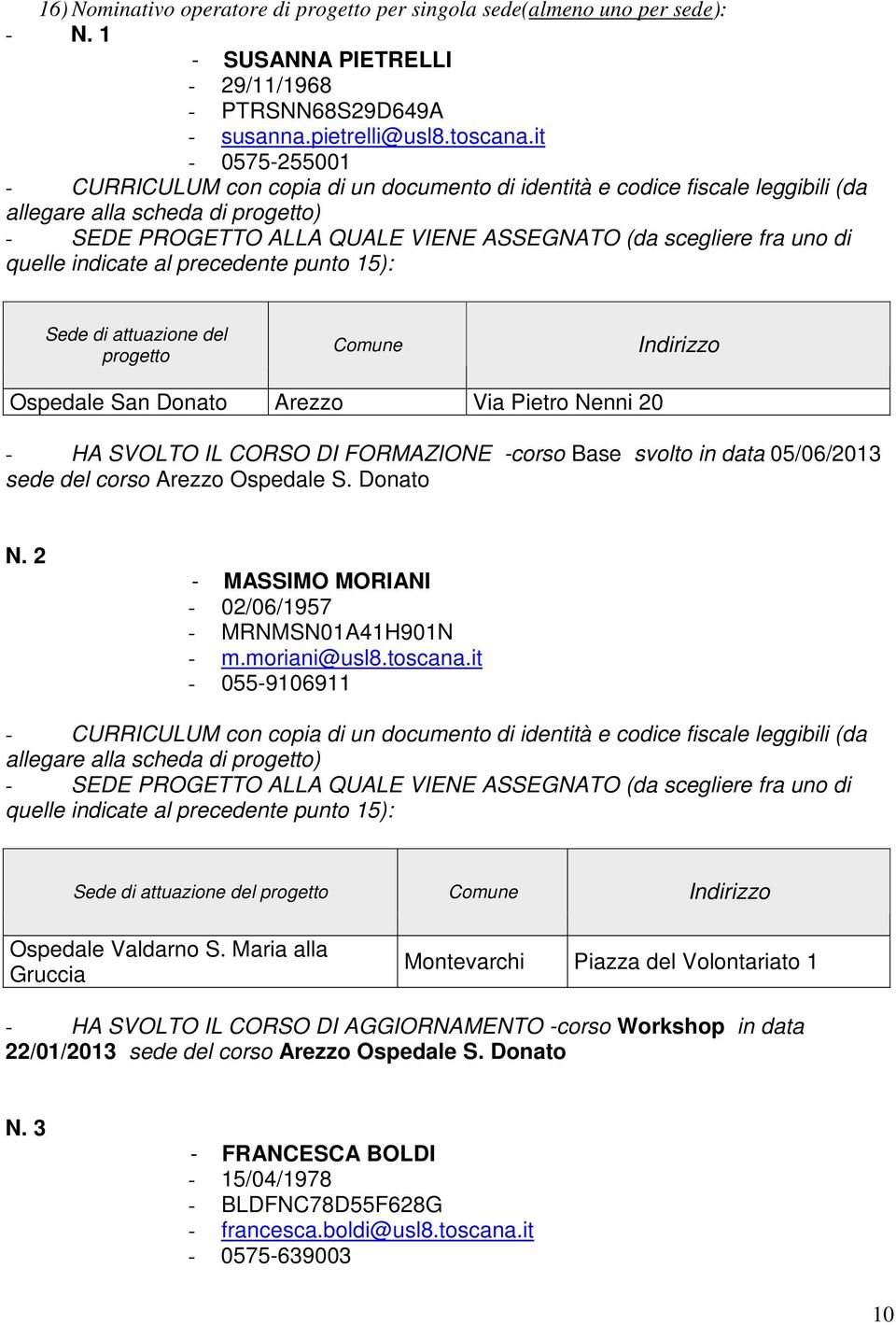 di quelle indicate al precedente punto 15): Sede di attuazione del progetto Comune Indirizzo Ospedale San Donato Arezzo Via Pietro Nenni 20 - HA SVOLTO IL CORSO DI FORMAZIONE -corso Base svolto in