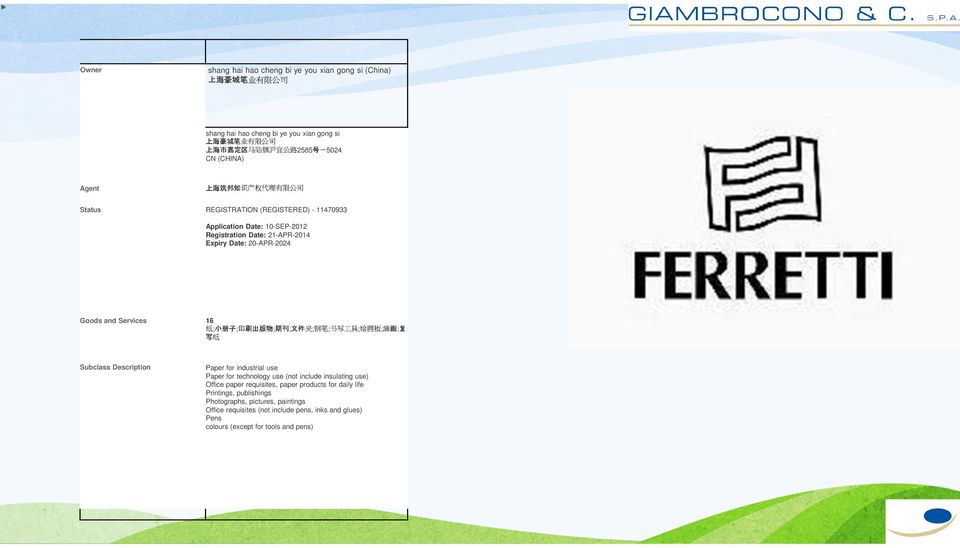 21-APR-2014 Expiry Date: 20-APR-2024 Goods and Services 16 ; ; ; ; ; ; ; ; ; Subclass Description Paper for industrial use Paper for technology use (not include insulating use) Office