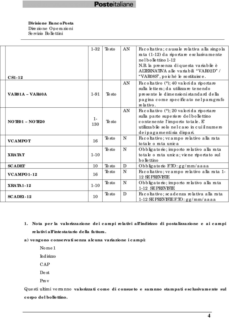 1-130 VCAMPOT 16 XRATAT 1-10 AN Facoltativo (*); 40 valori da riportare sulla lettera; da utilizzare tenendo presente le dimensioni standard della pagina come specificato nel paragrafo relativo.