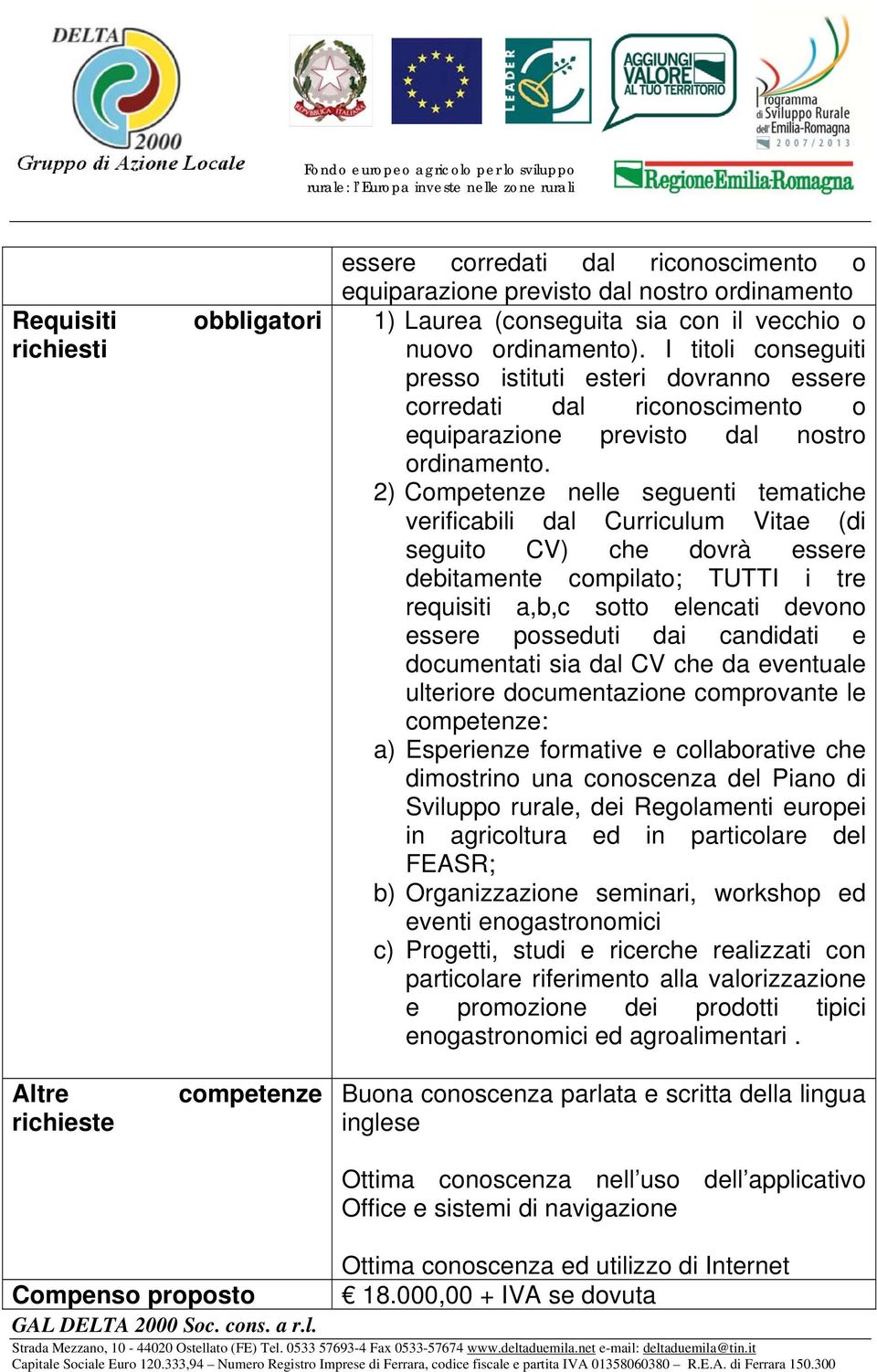 2) Competenze nelle seguenti tematiche verificabili dal Curriculum Vitae (di seguito CV) che dovrà essere debitamente compilato; TUTTI i tre requisiti a,b,c sotto elencati devono essere posseduti dai