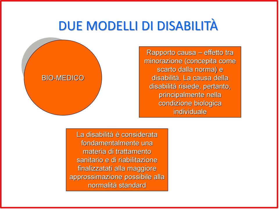 La causa della disabilità risiede, pertanto, principalmente nella condizione biologica individuale