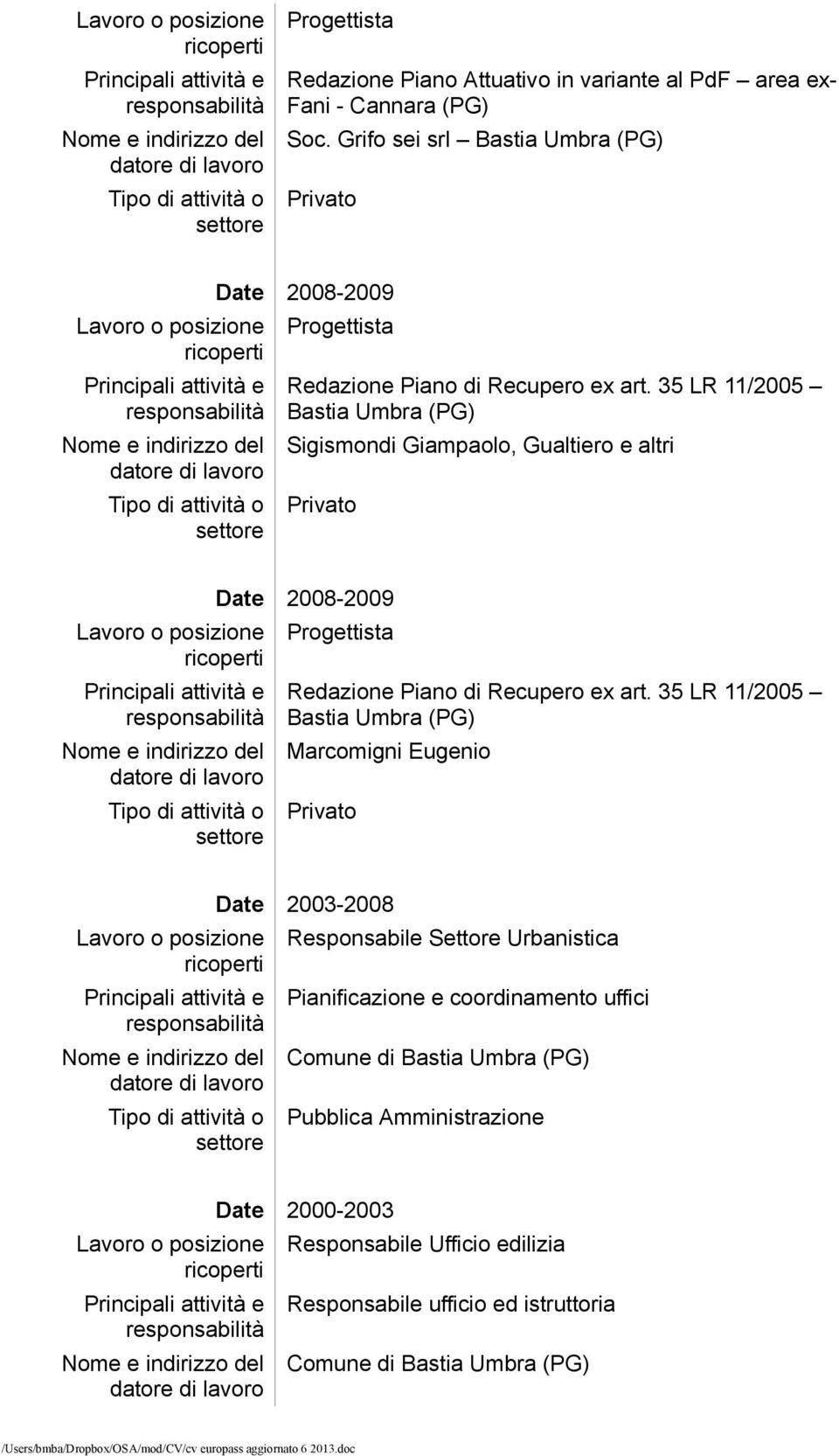 35 LR 11/2005 Bastia Umbra (PG) Sigismondi Giampaolo, Gualtiero e altri 2008-2009 Progettista Redazione Piano di Recupero ex art.