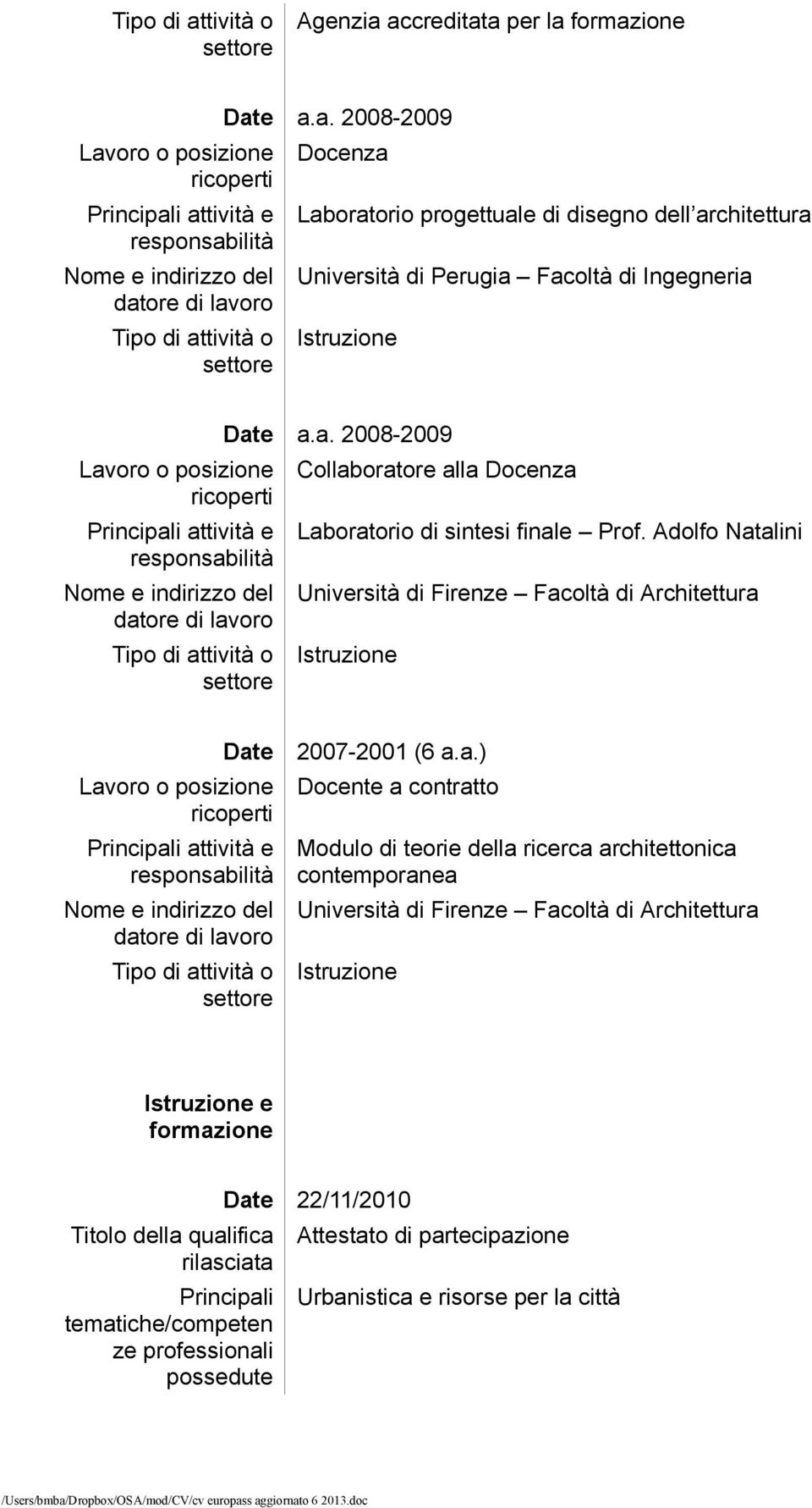 a. 2008-2009 Collaboratore alla Docenza Laboratorio di sintesi finale Prof.