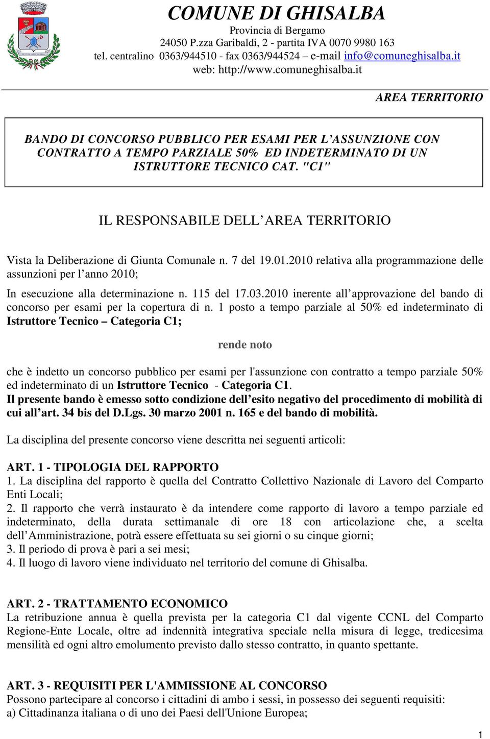 03.2010 inerente all approvazione del bando di concorso per esami per la copertura di n.