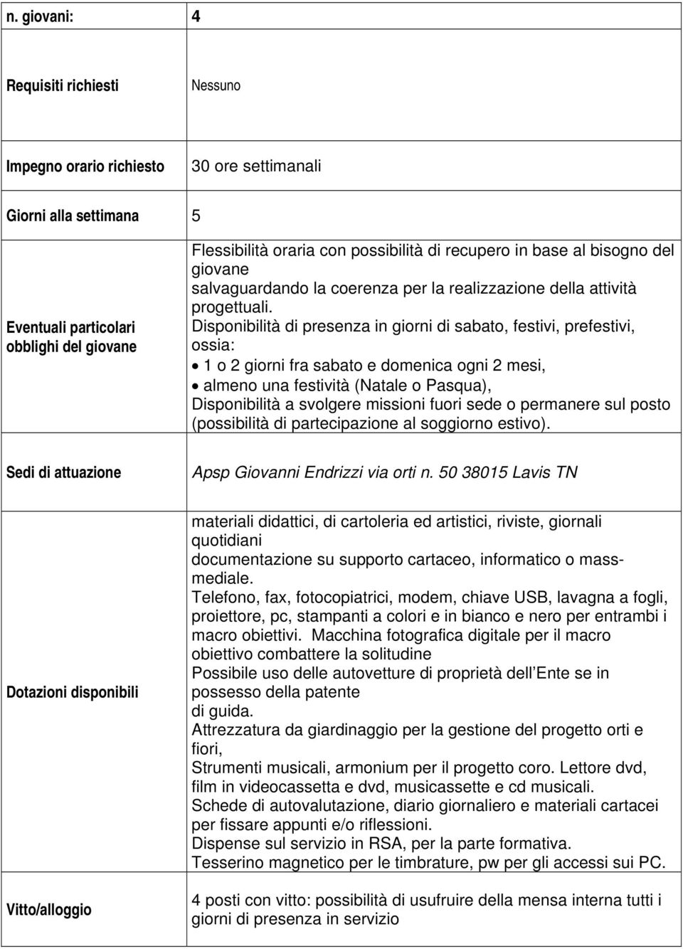 Disponibilità di presenza in giorni di sabato, festivi, prefestivi, ossia: 1 o 2 giorni fra sabato e domenica ogni 2 mesi, almeno una festività (Natale o Pasqua), Disponibilità a svolgere missioni