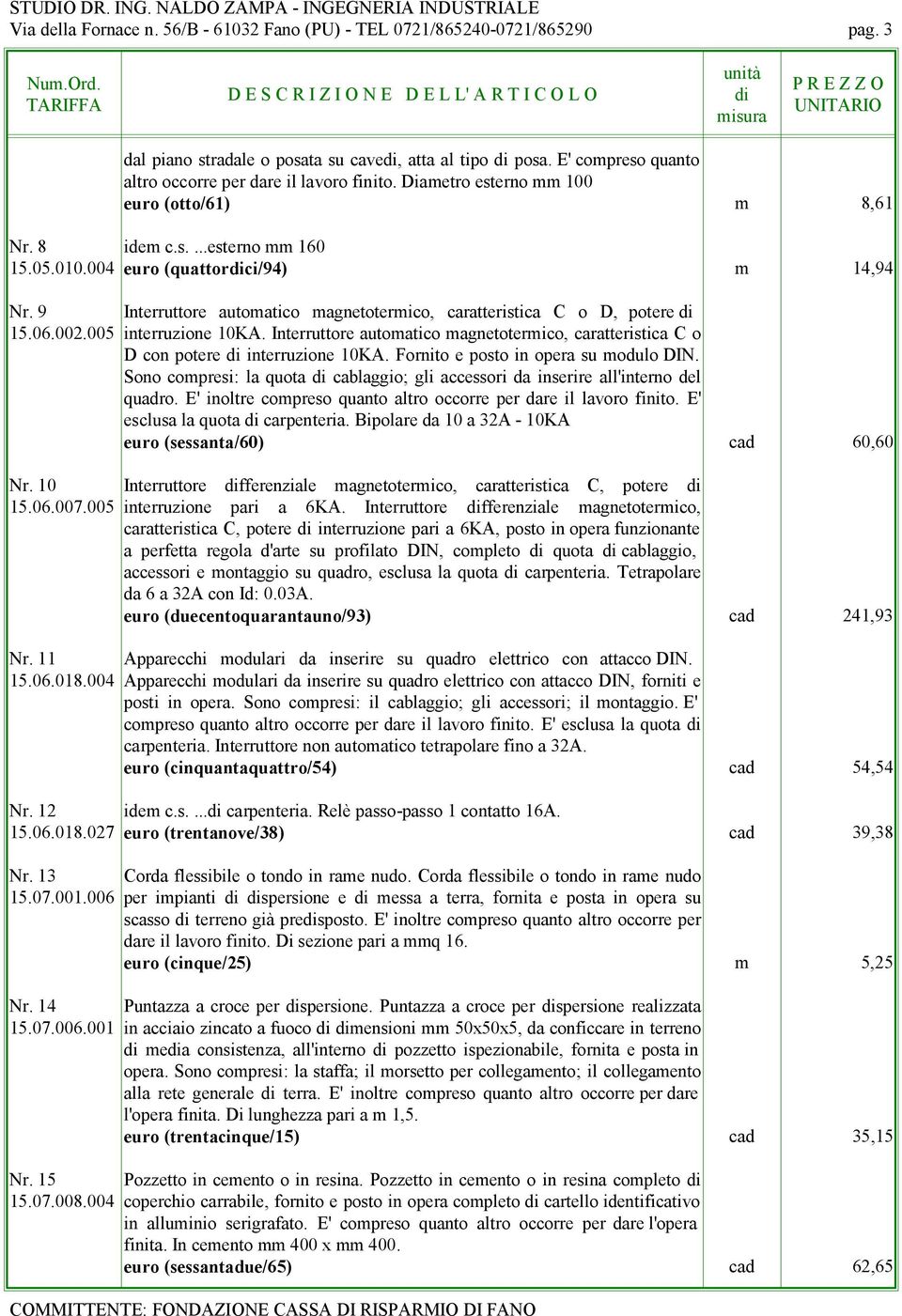 06.002.005 interruzione 10KA. Interruttore automatico magnetotermico, caratteristica C o D con potere interruzione 10KA. Fornito e posto in opera su modulo DIN.