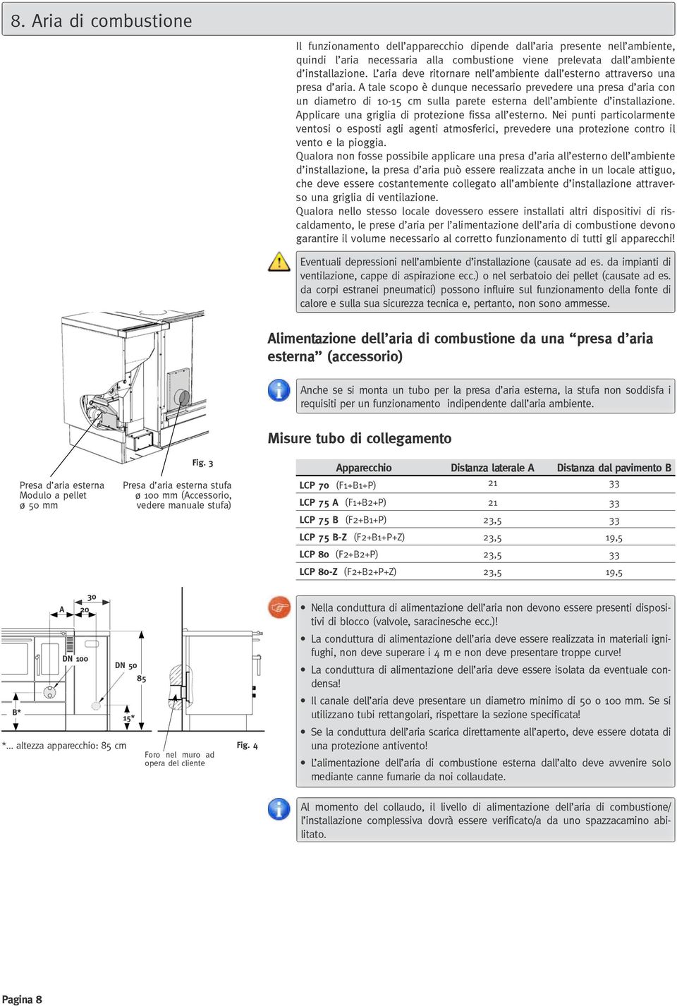 A tale scopo è dunque necessario prevedere una presa d aria con un diametro di 10-15 cm sulla parete esterna dell ambiente d installazione. Applicare una griglia di protezione fissa all esterno.