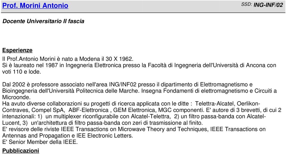 Dal 2002 è professore associato nell'area ING/INF02 presso il dipartimento di Elettromagnetismo e Bioingegneria dell'università Politecnica delle Marche.