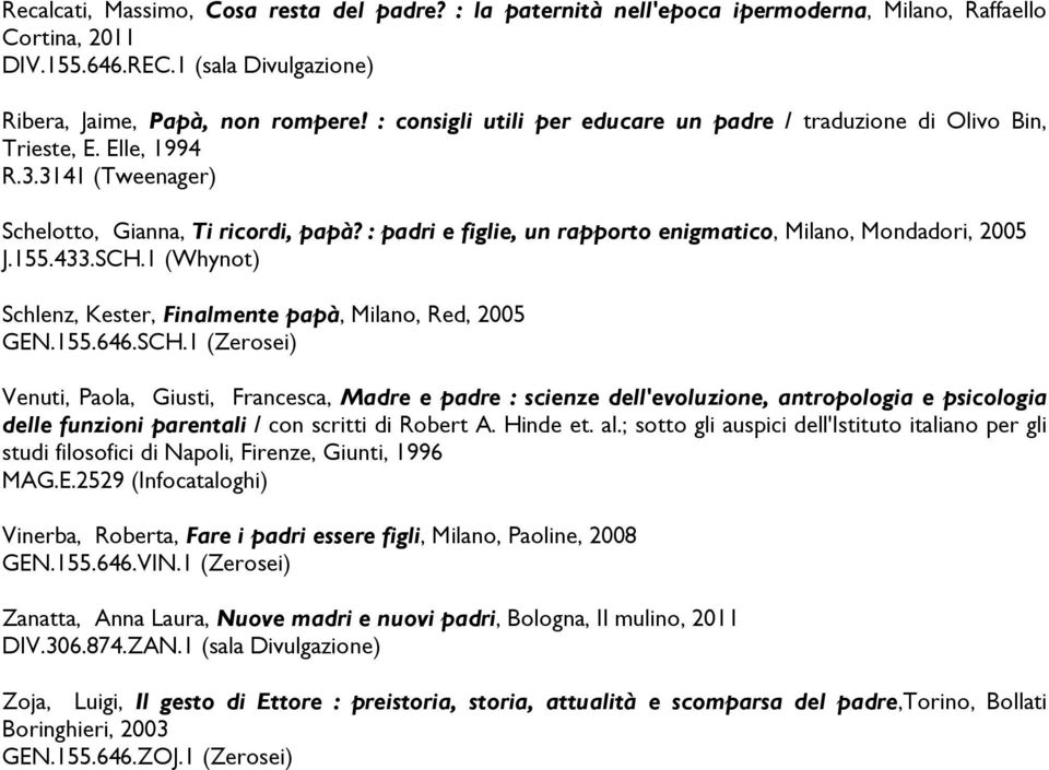 : padri e figlie, un rapporto enigmatico, Milano, Mondadori, 2005 J.155.433.SCH.