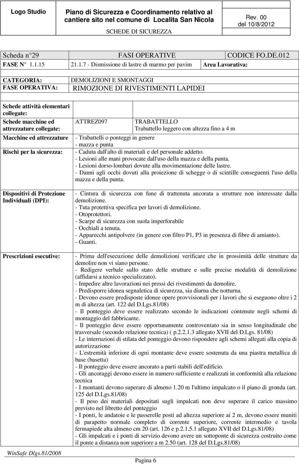 1.15 21.1.7 - Dismissione di lastre di marmo per pavim Area Lavorativa: CATEGORIA: FASE OPERATIVA: DEMOLIZIONI E SMONTAGGI RIMOZIONE DI RIVESTIMENTI LAPIDEI Schede attività elementari collegate: