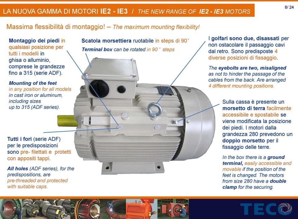 Mounting of the feet in any position for all models in cast iron or aluminum, including sizes up to 315 (ADF series).