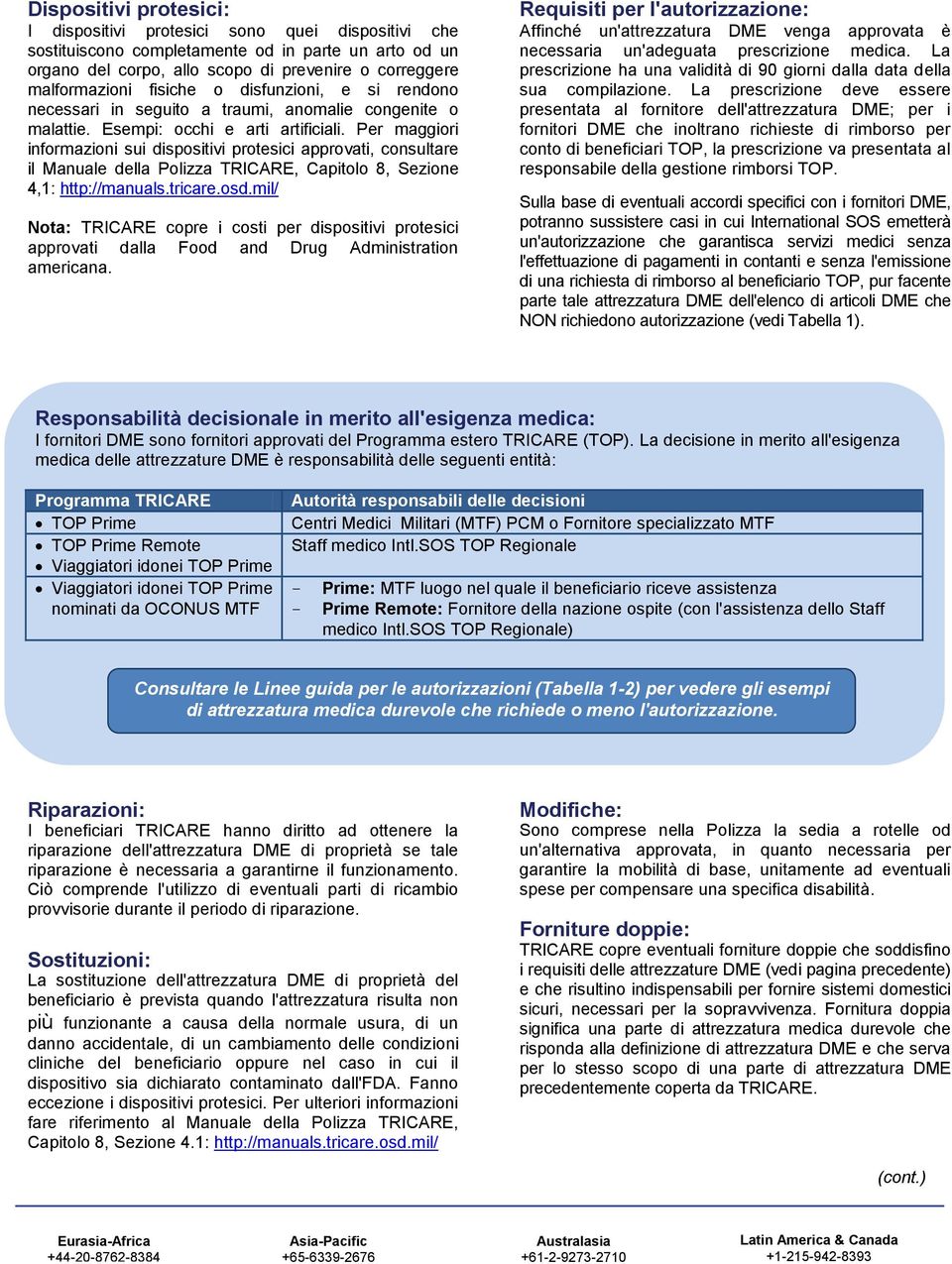 Per maggiori informazioni sui dispositivi protesici approvati, consultare il Manuale della Polizza TRICARE, Capitolo 8, Sezione 4,1: http://manuals.tricare.osd.