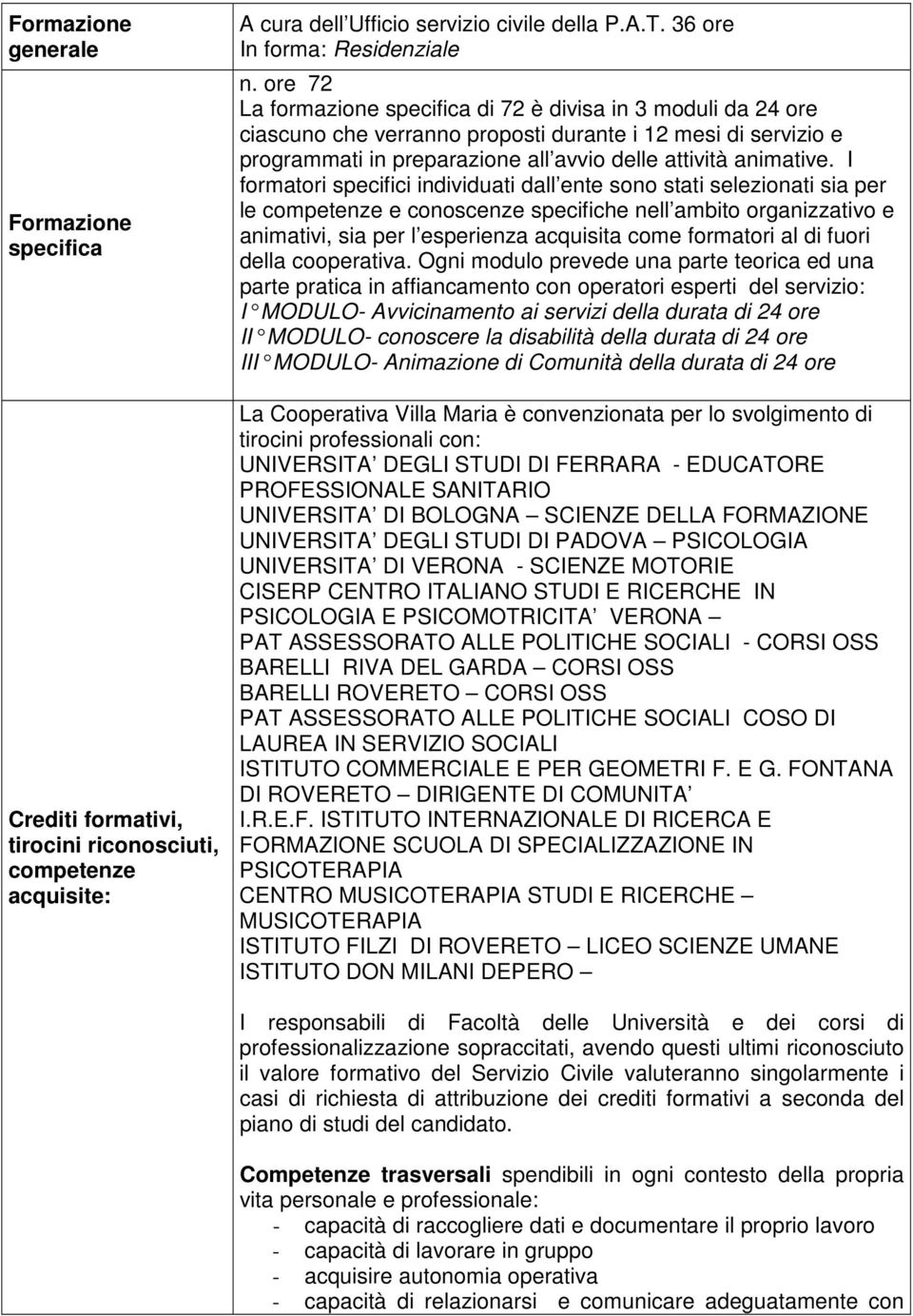 I formatori specifici individuati dall ente sono stati selezionati sia per le competenze e conoscenze specifiche nell ambito organizzativo e animativi, sia per l esperienza acquisita come formatori