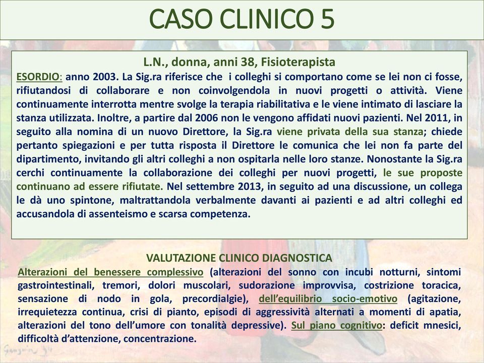 Viene continuamente interrotta mentre svolge la terapia riabilitativa e le viene intimato di lasciare la stanza utilizzata. Inoltre, a partire dal 2006 non le vengono affidati nuovi pazienti.