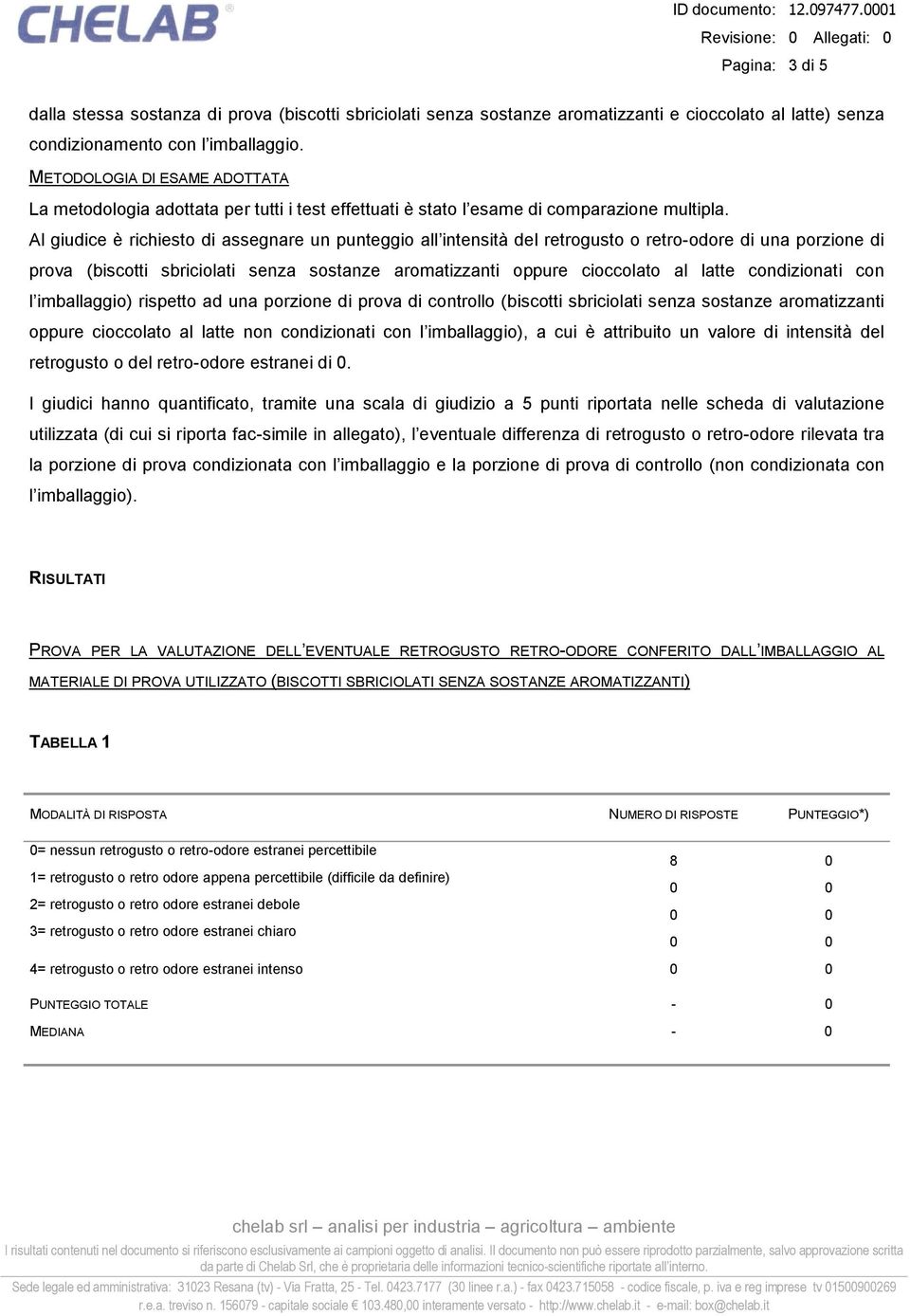 Al giudice è richiesto di assegnare un punteggio all intensità del retrogusto o retro-odore di una porzione di prova (biscotti sbriciolati senza sostanze aromatizzanti oppure cioccolato al latte